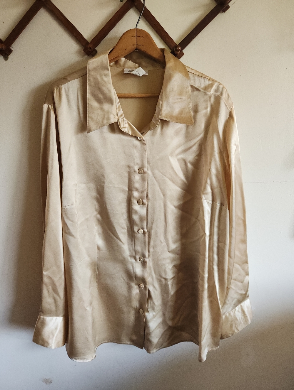 Vintage 100% Silk Chadwicks Satin Long Sleeve Button Up Gold Champagne Beige 24w